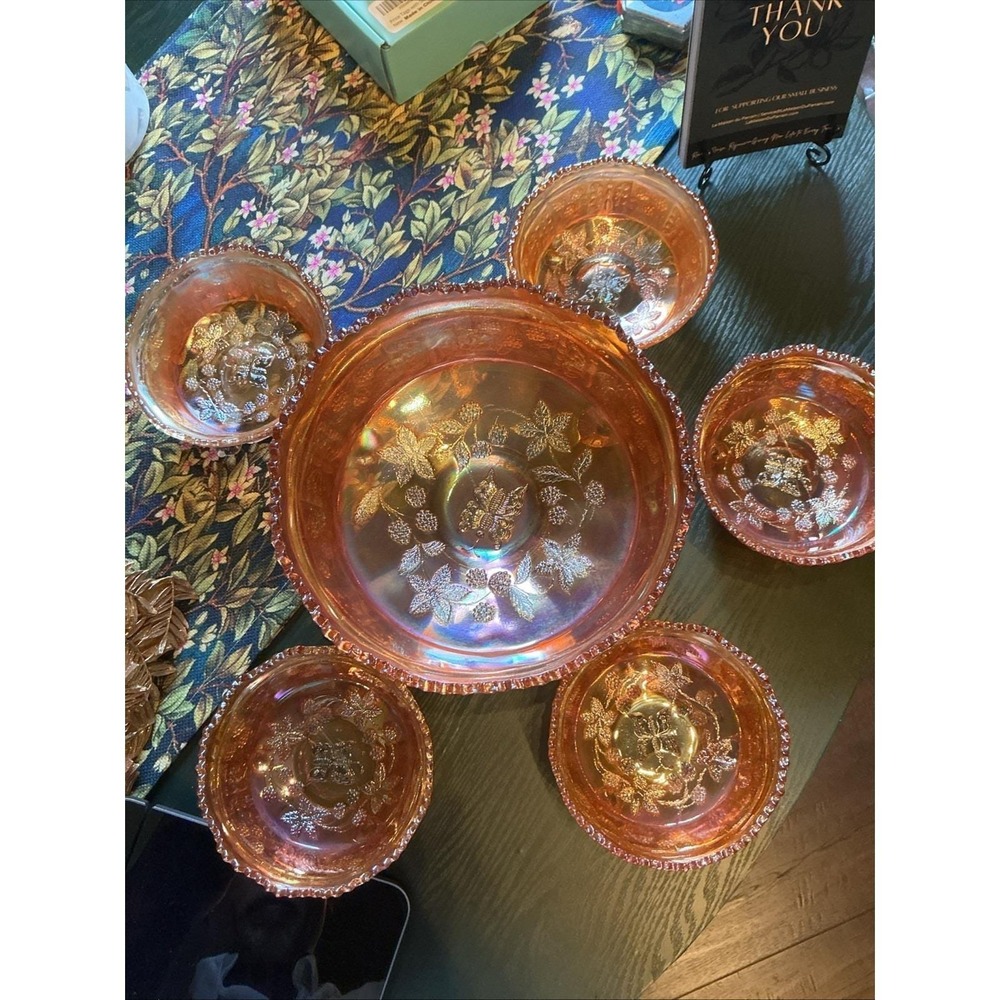 VTG 6pc Fenton Butterfly & Berry Marigold Carnival Glass 3-Toed Berry Set